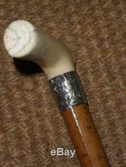 Antique Hand Carved Top Walking Stick With Floral Silver Collar