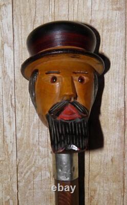 Antique Hand-Carved Treen Dickens Head Walking Stick Cane Hallmarked Silver 1916