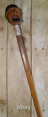 Antique Hand-Carved Treen Dickens Head Walking Stick Cane Hallmarked Silver 1916