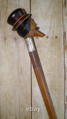 Antique Hand-Carved Treen Dickens Head Walking Stick Cane Hallmarked Silver 1916