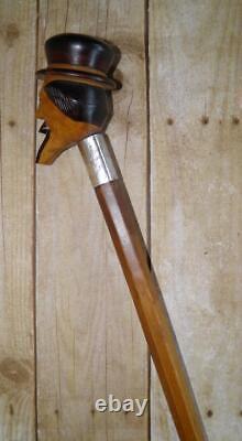 Antique Hand-Carved Treen Dickens Head Walking Stick Cane Hallmarked Silver 1916