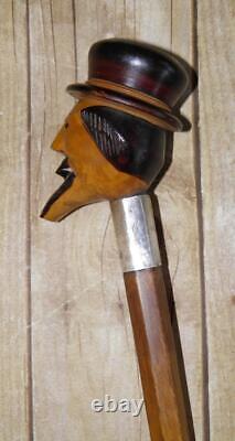 Antique Hand-Carved Treen Dickens Head Walking Stick Cane Hallmarked Silver 1916