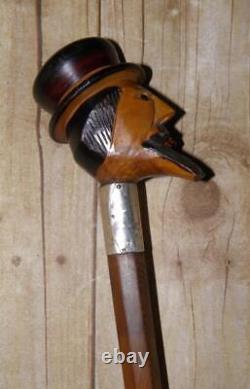 Antique Hand-Carved Treen Dickens Head Walking Stick Cane Hallmarked Silver 1916