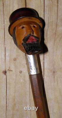 Antique Hand-Carved Treen Dickens Head Walking Stick Cane Hallmarked Silver 1916