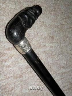 Antique Hand-Carved Treen Great Dane Top Walking Stick/Cane-Silver Buckle Collar