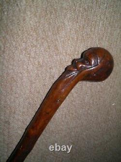 Antique Hand Carved Treen Hardwood Chinese Head Walking stick/Cane