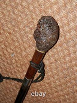 Antique Hand-Carved Treen Parrot Walking Stick/Cane Hallmarked Silver 1921- J. H