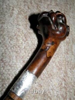 Antique Hand-Carved Treen Pug/Boxer Walking Stick/Cane With H/M Silver 1912'J. H