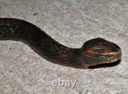 Antique Hand-Carved Treen Slithering Snake Walking Stick/Cane With Glass Eyes