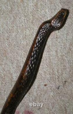 Antique Hand-Carved Treen Slithering Snake Walking Stick/Cane With Glass Eyes