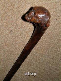 Antique Hand-Carved Walking Cane/Stick -Grotesque Caricature Top- Glass Eyes