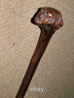 Antique Hand-Carved Walking Cane/Stick -Grotesque Caricature Top- Glass Eyes