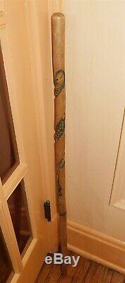 Antique Hand Carved Walking Stick Cane Alligator Winding Snake 1922 Tramp Art