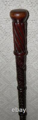 Antique Hand Carved Walking Stick / Cane Carved Mahogany Shaft & Pommel