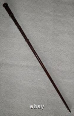 Antique Hand Carved Walking Stick / Cane Carved Mahogany Shaft & Pommel