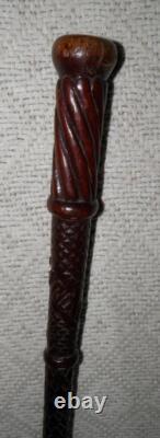 Antique Hand Carved Walking Stick / Cane Carved Mahogany Shaft & Pommel