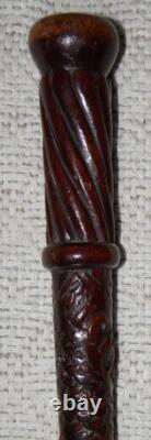 Antique Hand Carved Walking Stick / Cane Carved Mahogany Shaft & Pommel