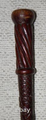 Antique Hand Carved Walking Stick / Cane Carved Mahogany Shaft & Pommel