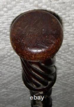 Antique Hand Carved Walking Stick / Cane Carved Mahogany Shaft & Pommel