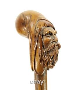 Antique Hand Carved Walking Stick Cane Magician Merlin Old Wise Man Glass Eyes