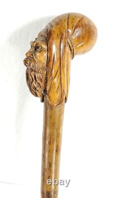 Antique Hand Carved Walking Stick Cane Magician Merlin Old Wise Man Glass Eyes
