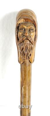 Antique Hand Carved Walking Stick Cane Magician Merlin Old Wise Man Glass Eyes