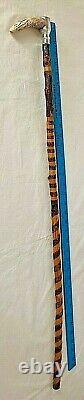 Antique Hand Carved Walking Stick Cane Native American Image Wood & Metal37