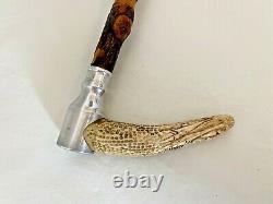 Antique Hand Carved Walking Stick Cane Native American Image Wood & Metal37