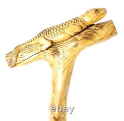 Antique Hand Carved Walking Stick Cane of Salamander or Gecko with Glass Eyes