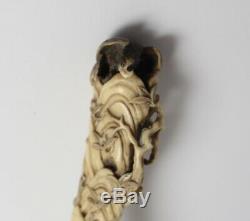 Antique Hand Carved Walking Stick Parasol Keris handle Bovine Bone