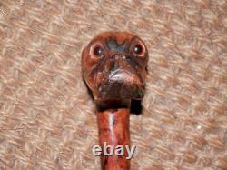 Antique Hand-Carved Walnut Boxer Dog Walking Stick/Cane Glass Eyes Silver 1929