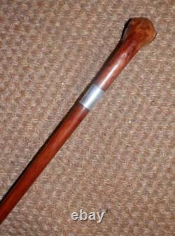 Antique Hand-Carved Walnut Boxer Dog Walking Stick/Cane Glass Eyes Silver 1929