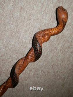 Antique Hand-Carved Walnut Cobra Snake Wrap Walking Stick/Cane
