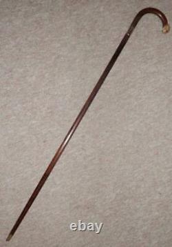 Antique Hand-Carved Walrus Top Walking Stick/Cane -Glass Eyes Silver Collar