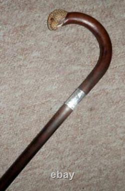 Antique Hand-Carved Walrus Top Walking Stick/Cane -Glass Eyes Silver Collar