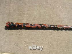 Antique Hand Carved With Snake And Monkey's Folk Art Walking Stick Cane