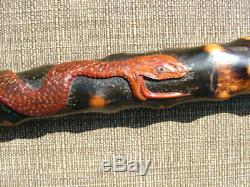 Antique Hand Carved With Snake And Monkey's Folk Art Walking Stick Cane