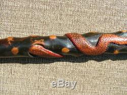 Antique Hand Carved With Snake And Monkey's Folk Art Walking Stick Cane