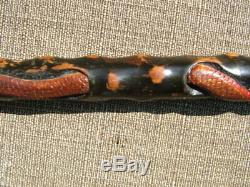 Antique Hand Carved With Snake And Monkey's Folk Art Walking Stick Cane