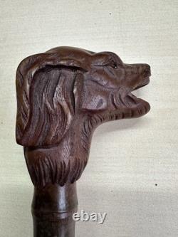 Antique Hand Carved Wooden Dog Head Cane Handle Walking Stick Top Part