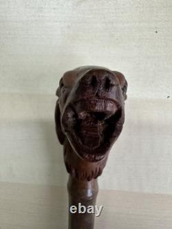 Antique Hand Carved Wooden Dog Head Cane Handle Walking Stick Top Part