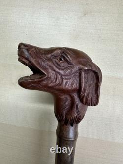 Antique Hand Carved Wooden Dog Head Cane Handle Walking Stick Top Part