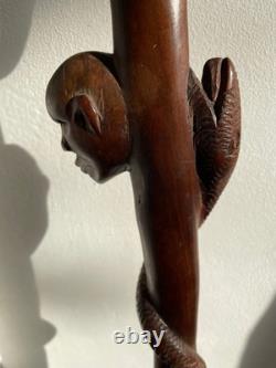 Antique Hand Carved hard wood African Elephant & snake Tribal Walking Stick 86cm