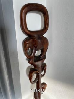 Antique Hand Carved hard wood African Elephant & snake Tribal Walking Stick 86cm