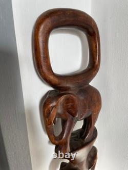 Antique Hand Carved hard wood African Elephant & snake Tribal Walking Stick 86cm