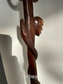 Antique Hand Carved hard wood African Elephant & snake Tribal Walking Stick 86cm