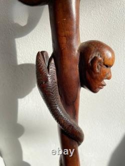 Antique Hand Carved hard wood African Elephant & snake Tribal Walking Stick 86cm