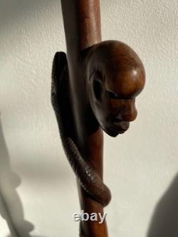 Antique Hand Carved hard wood African Elephant & snake Tribal Walking Stick 86cm