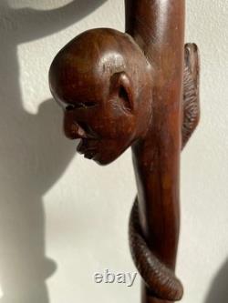 Antique Hand Carved hard wood African Elephant & snake Tribal Walking Stick 86cm