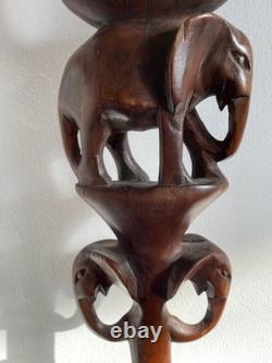 Antique Hand Carved hard wood African Elephant & snake Tribal Walking Stick 86cm